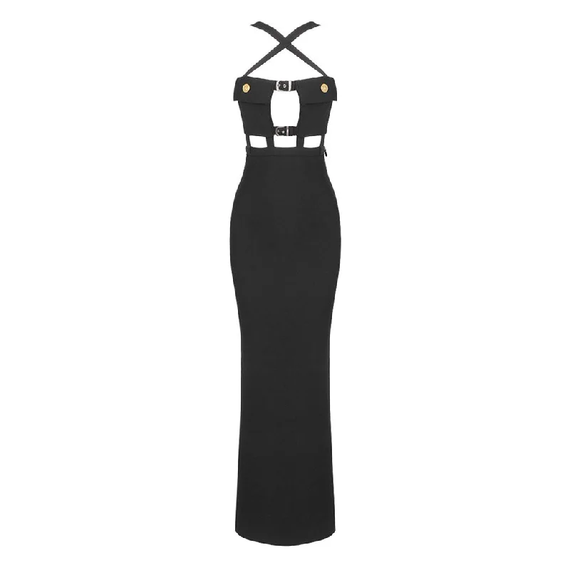 Illusion Neckline Dress Sexy Crossover Front Chest Pocket Cutout Buckled Strap Split Maxi Evening Dress Illusion Neckline Dress Sexy Crossover Front Chest Pocket Cutout Buckled Strap Split Maxi Evening Dress