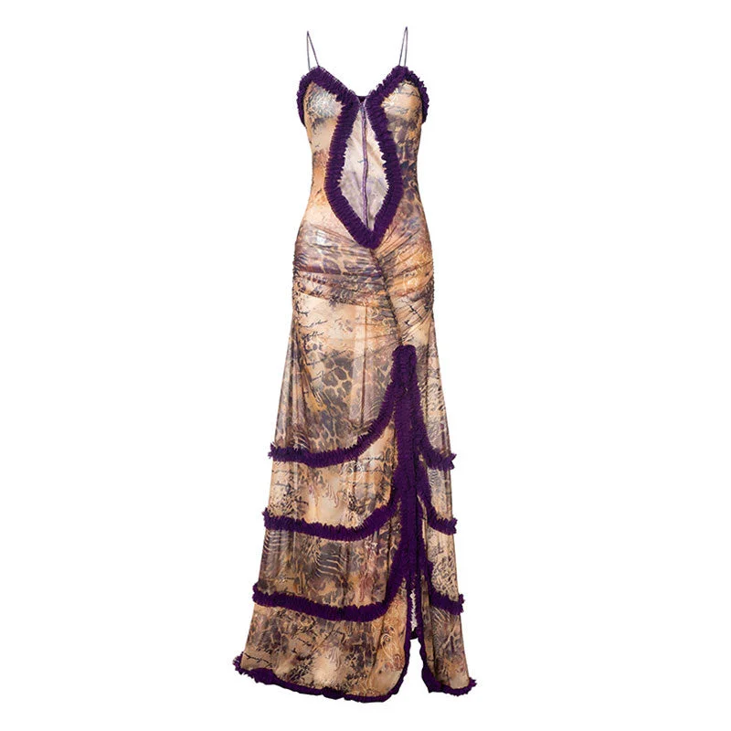 Prom Dress Sexy Leopard Print Bustier Cutout Ruffle Layered High Split Maxi Sheer Dress Prom Dress Sexy Leopard Print Bustier Cutout Ruffle Layered High Split Maxi Sheer Dress