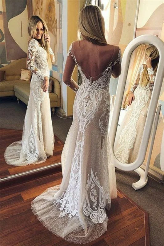 Off-Shoulder Gown Sexy Tulle Lace Long Sleeve Open Back Wedding Dresses      fg3603