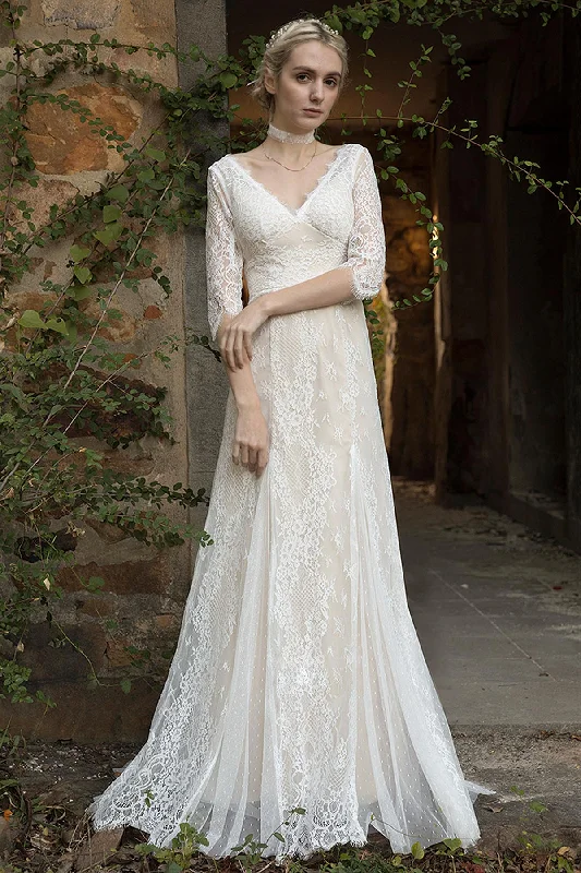 Elegant Evening Dress Sheath-Column Sweep-Brush Train Lace Wedding Dress CW3022