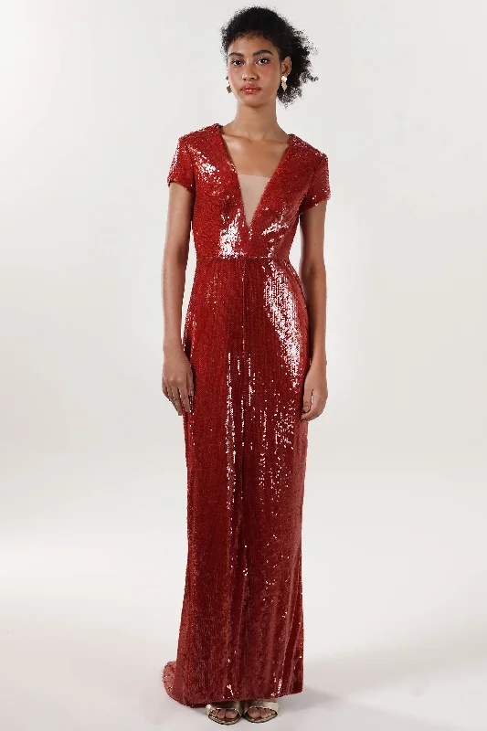 Ruched Gown Sheath-Column Sweep-Brush Train Sequined Formal Dress CS0618