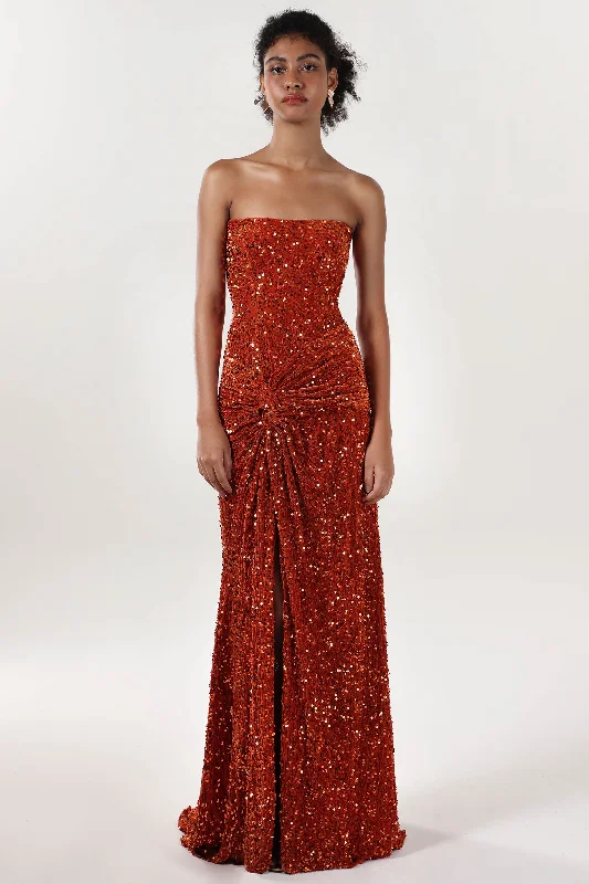 Slit Gown Sheath-Column Sweep-Brush Train Velvet Sequin Formal Dress CS0634