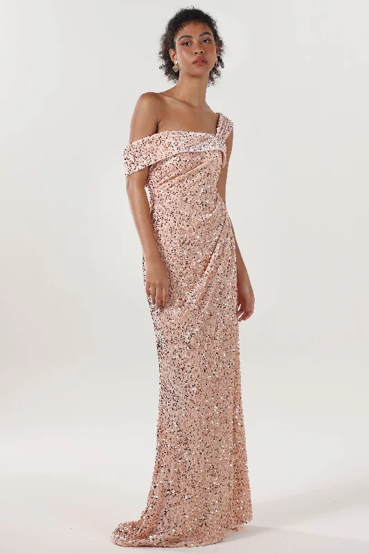 Chic Maxi Dress Sheath-Column Sweep-Brush Train Velvet Sequin Formal Dress CS0635
