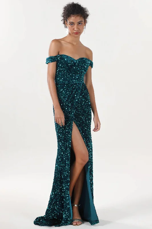 Evening Gown Sheath-Column Sweep-Brush Train Velvet Sequin Formal Dress CS0639