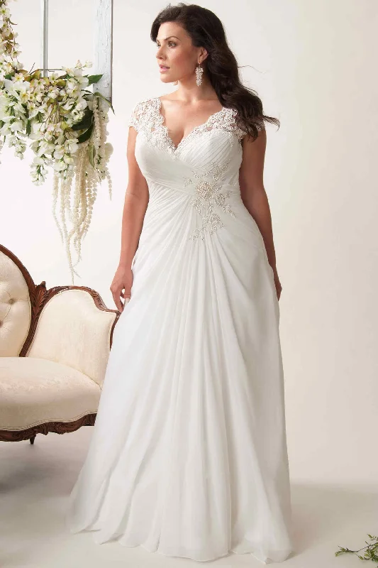 Knee-Length Dress Sheath V-Neck Appliqued Cap-Sleeve Chiffon Plus Size Wedding Dress With Ruching And Keyhole-MK_703640 Knee-Length Dress Sheath V-Neck Appliqued Cap-Sleeve Chiffon Plus Size Wedding Dress With Ruching And Keyhole-MK_703640