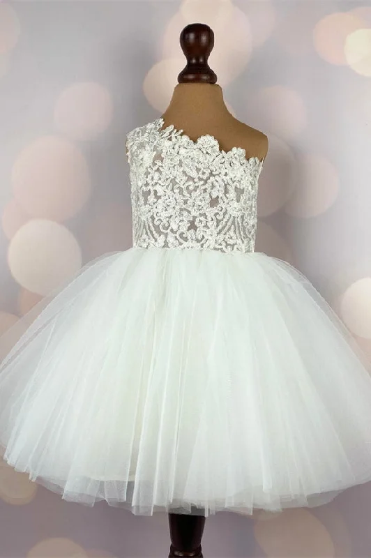 Lace Sleeves Dress Sheer Lace Bodice Ivory One Shoulder Girl Party Dress