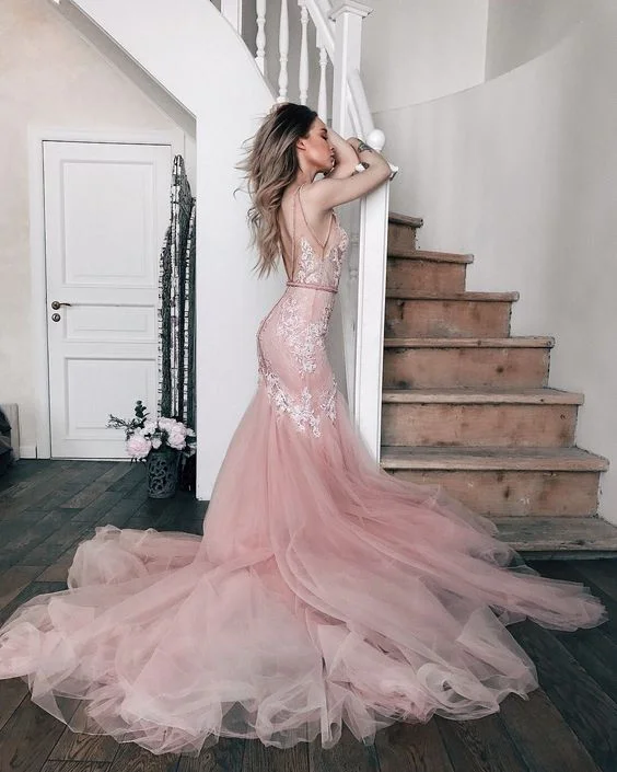 Cocktail Dress Sheer V-neckline Pink Mermaid Wedding Dress with Tulle Train fg4090 Cocktail Dress Sheer V-neckline Pink Mermaid Wedding Dress with Tulle Train fg4090