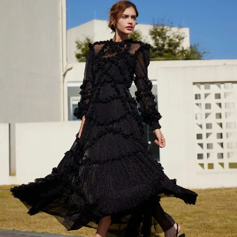 One-Shoulder Gown Shimmering Ruffle Mock Neck 3/4 Sheer Sleeve A Line Tulle Maxi Evening Dress One-Shoulder Gown Shimmering Ruffle Mock Neck 3/4 Sheer Sleeve A Line Tulle Maxi Evening Dress