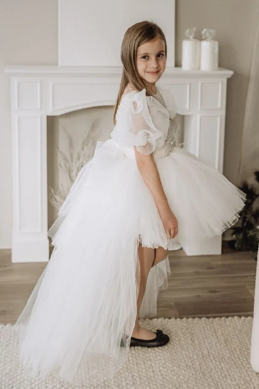 Rose Gold Dress Short Front Long Back Beaded Sequins Flower Girl Dress