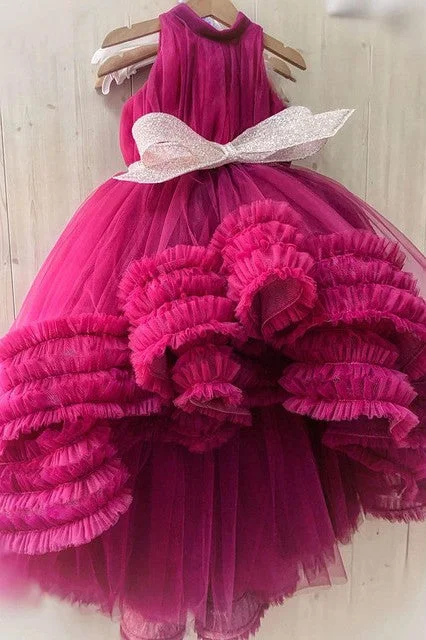 Elegant Evening Dress Short Front Long Back Fuchsia Flower Girl Dresses