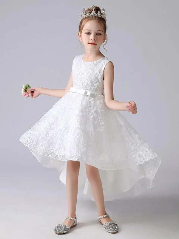 Ruched Gown Short Princess Dress for Kids White Sleeveless Flower Girl Dresses Party Dresses Jewel Neck with Bows