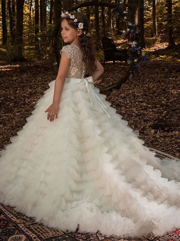 Pleated Gown Short Sleeves Embroidered Kids Party Dresses Puffy Tulle A-line PettiSkirt