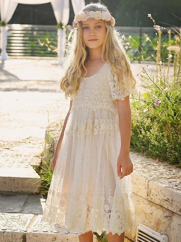 Fitted Formal Dress Short Sleeves Ivory Lace Formal Kids Pageant Dresses