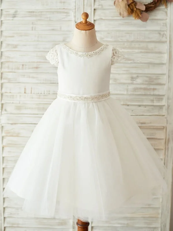 One-Shoulder Gown Short Sleeves Jewel Neck White Kids Party Dresses Flower Girl Dresses