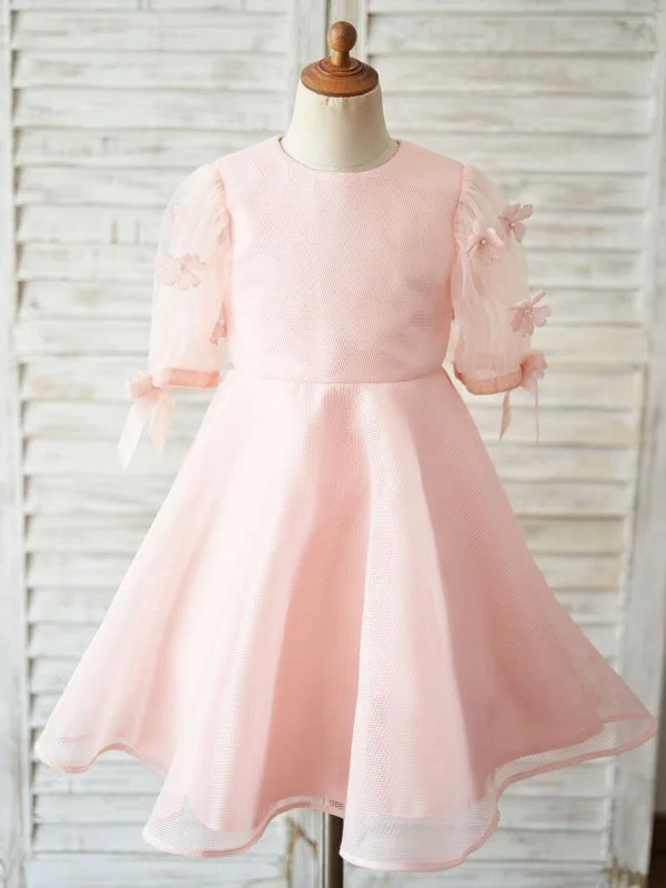 Subtle Shine Dress Short Sleeves Kids Pink Birthday Party Dresses Flower Girl Dresses Jewel Neck