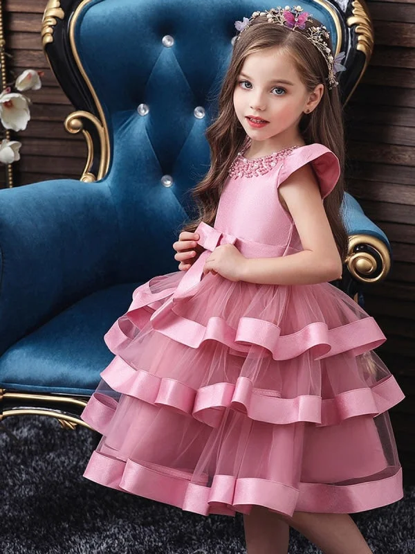 Satin Mermaid Dress Short Sleeves Knee Length Princess Flower Girl Dresses Tulle Silhouette Beaded Formal Kids Dresses Satin Mermaid Dress Short Sleeves Knee Length Princess Flower Girl Dresses Tulle Silhouette Beaded Formal Kids Dresses