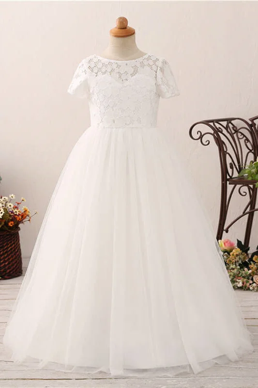 Vintage Gown Short Sleeves Lace and Tulle White Flower Girl Dress
