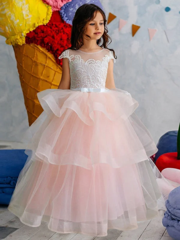 High-Low Dress Short Sleeves Tiered Kids Pageant Dresses Flower Girl Dresses