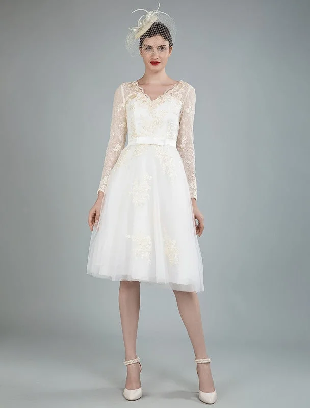 Brocade Formal Dress Short Wedding Dress Tulle Knee Length V Neck Long Sleeves A Line Natural Waist Bridal Gowns Exclusive Brocade Formal Dress Short Wedding Dress Tulle Knee Length V Neck Long Sleeves A Line Natural Waist Bridal Gowns Exclusive