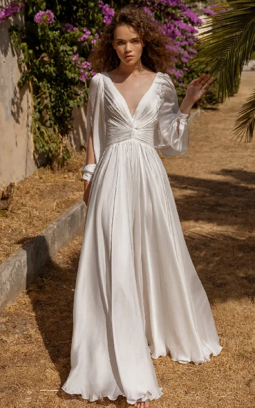 Classic Gown Simple Casual A-Line Petal Long Sleeve Wedding Dress Flowy Unique V-Neck Criss Cross Ruched Bridal Gown Classic Gown Simple Casual A-Line Petal Long Sleeve Wedding Dress Flowy Unique V-Neck Criss Cross Ruched Bridal Gown