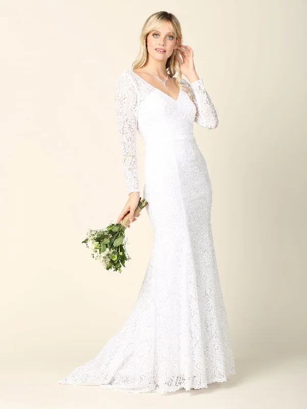 Satin Slip Dress Simple Long Sleeve Lace Wedding Dress