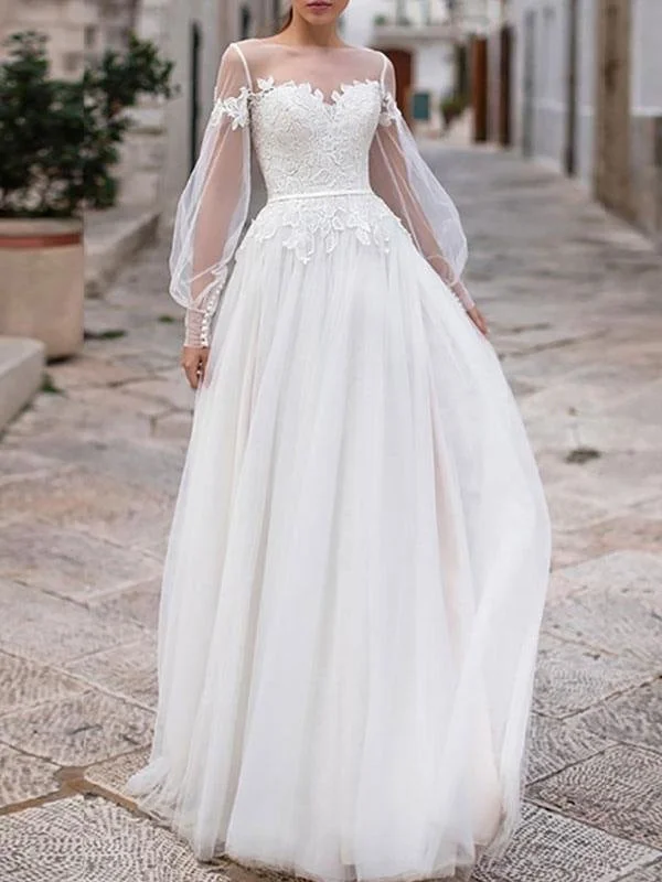 Red Carpet Dress Simple Wedding Dresses 2021 A Line Illusion Neck Long Sleeve Lace Applique Tulle Boho Wedding Gowns Red Carpet Dress Simple Wedding Dresses 2021 A Line Illusion Neck Long Sleeve Lace Applique Tulle Boho Wedding Gowns