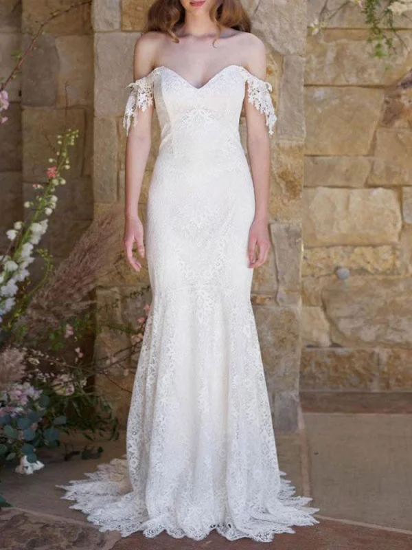 Modest Formal Dress Simple Wedding Dresses 2021 Lace Sweetheart Off The Shoulder Mermaid Bridal Gown With Train For Boho Wedding Modest Formal Dress Simple Wedding Dresses 2021 Lace Sweetheart Off The Shoulder Mermaid Bridal Gown With Train For Boho Wedding