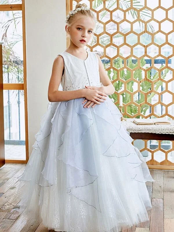 Regal Ball Gown Sky Light Blue Floor Length Flower Girl Dresses V-Neck Sleeveless Tulle Bows Kids Social Party Dresses