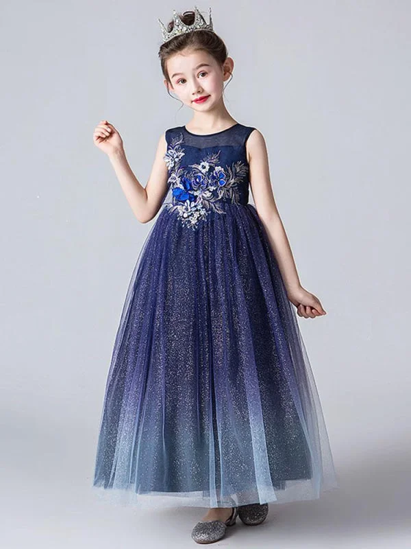 Romantic Evening Gown Sleeveless Embroidered Kids Party Dresses Flower Girl Dresses