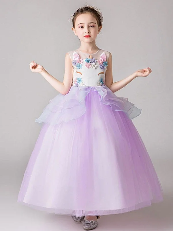Tulle Gown Sleeveless Flowers Kids Party Dresses with 3D Floral Organza Little Girl Dress
