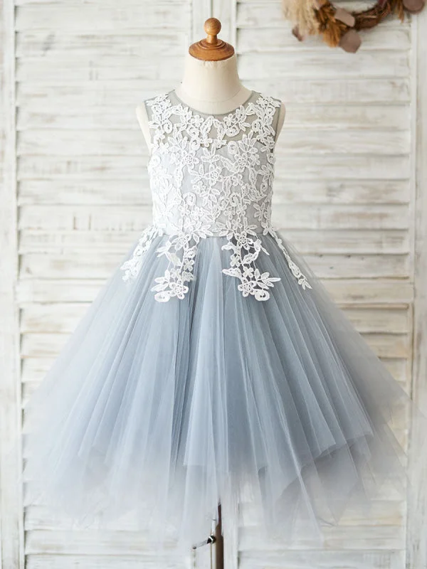Satin Gown Sleeveless Lace Bodice Flower Girl Dresses Formal Kids Pageant Dresses