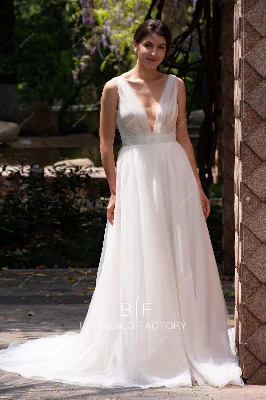 Organza Dress Sleeveless Pleated Plunging Soft Tulle A-line Spring Fall Wedding Dress Organza Dress Sleeveless Pleated Plunging Soft Tulle A-line Spring Fall Wedding Dress