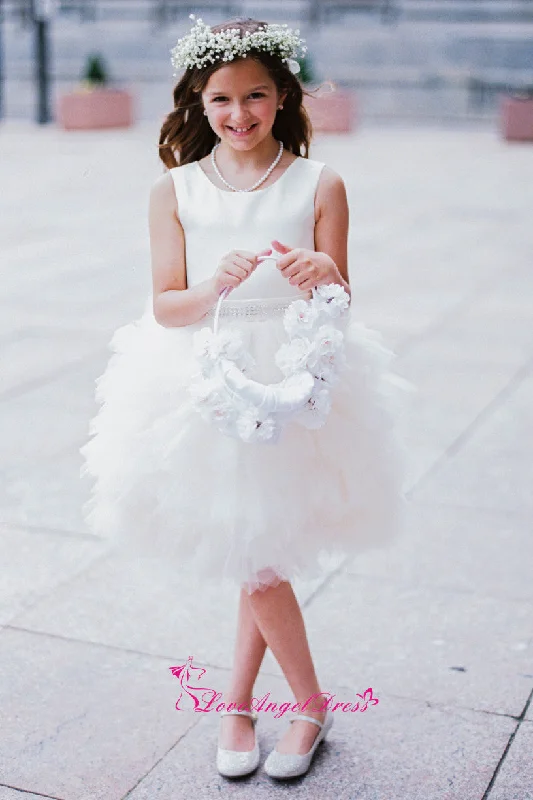 Delicate Lace Dress Sleeveless Satin Puffy Tulle Knee Length Flower Girls Dresses with Beaded Belt Delicate Lace Dress Sleeveless Satin Puffy Tulle Knee Length Flower Girls Dresses with Beaded Belt
