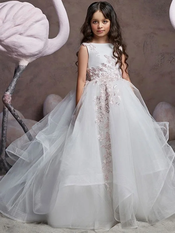 Bodycon Gown Sleeveless Sweep Princess Silhouette Embroidered Flower Girl Dresses Jewel Neck Tulle  Formal Kids Pageant Dresses