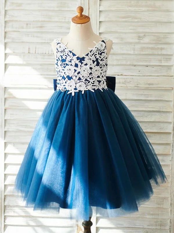 Embellished Maxi Dress Sleeveless V-Neck Dark Navy Kids Party Dresses Flower Girl Dresses with Bows