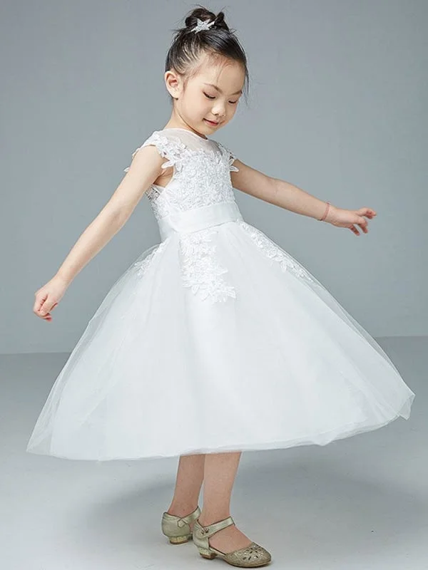 Ruffled Dress Sleeveless White Lace Tulle Flower Girl Dresses Knee Length Princess Silhouette Embroidered Kids Dresses