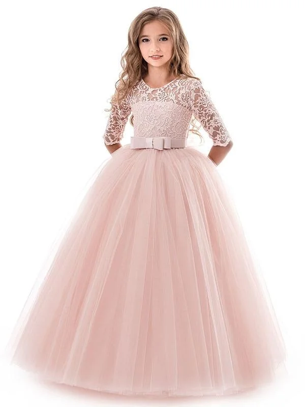 Full Skirt Dress Soft Pink Tulle A Line Flower Girl Dresses Half Sleeve Lace Formal Dress with Bow Full Skirt Dress Soft Pink Tulle A Line Flower Girl Dresses Half Sleeve Lace Formal Dress with Bow