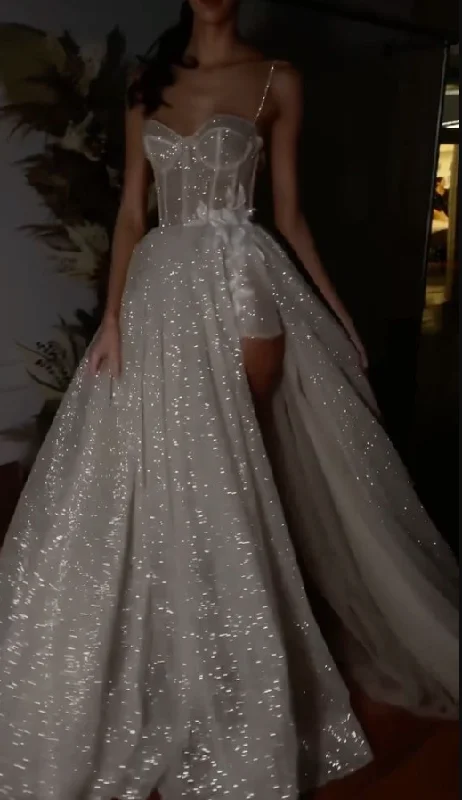 Modest Formal Dress Spaghetti Straps Lace Appliques Sparkly Bohemian Wedding Dress fg3982 Modest Formal Dress Spaghetti Straps Lace Appliques Sparkly Bohemian Wedding Dress fg3982
