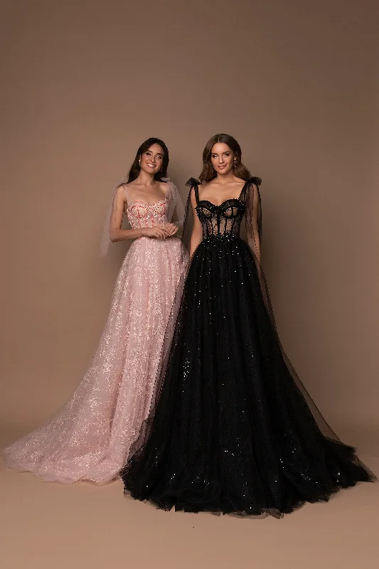 Taffeta Dress Sparkly Formal Ball Gown Evening Dress with Shoulder Bows