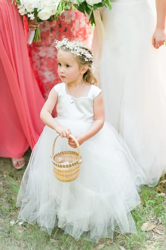High Neck Dress Square Neck Floor Length Ivory Flower Girl Dress Tulle