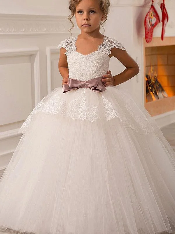 Satin Slip Dress Square Neck Lace Short Sleeves Flower Girl Dresses Cap Sleeves White Ball Gown with Bows