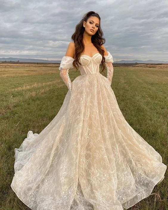 High-Low Dress Stunning Lace Long Sleeves Wedding Dresses Off The Shoulder Sweetheart Neck A Line Bridal Gowns fg4044 High-Low Dress Stunning Lace Long Sleeves Wedding Dresses Off The Shoulder Sweetheart Neck A Line Bridal Gowns fg4044