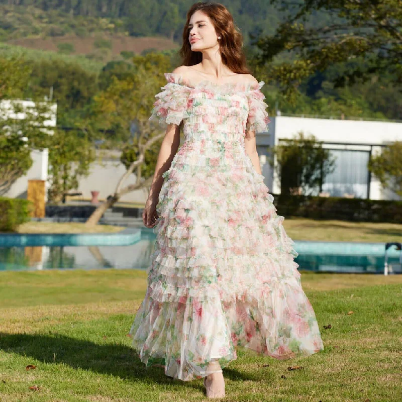 Embellished Dress Sweet Floral Print Off Shoulder Short Sleeve Ruffle Tier Layered Tulle Maxi Dress Embellished Dress Sweet Floral Print Off Shoulder Short Sleeve Ruffle Tier Layered Tulle Maxi Dress