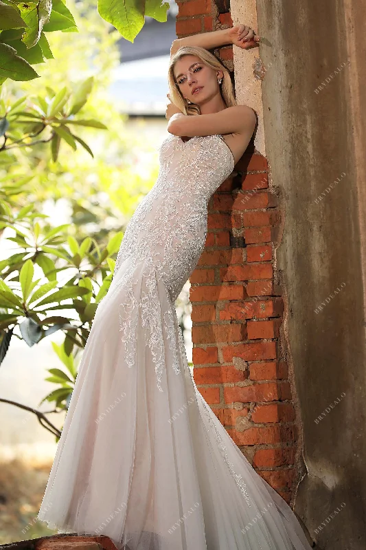 Fringe Gown Strapless Sweetheart Lace Tulle Mermaid Destination Wedding Gown
