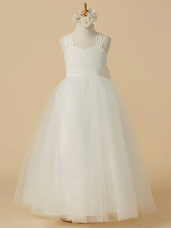 Floor-Length Satin Dress Sweetheart Tulle Flower Girl Dresses Sleeveless A Line Applique Kids Party Dresses Floor-Length Satin Dress Sweetheart Tulle Flower Girl Dresses Sleeveless A Line Applique Kids Party Dresses