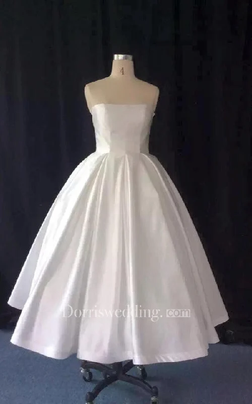 Bow Detail Dress Taffeta A-Line Strapless Tea Length Ball Gown-ET_711325