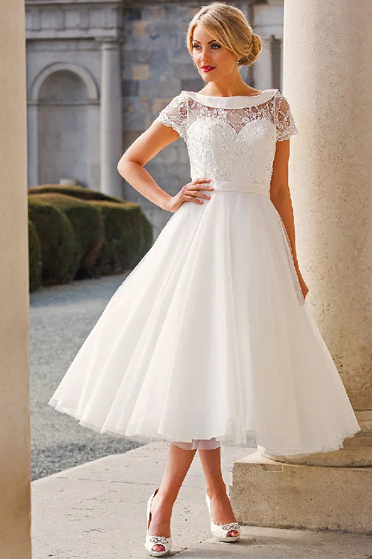 Vintage Gown Tea-Length A-Line Cap Sleeve Beaded Bateau Neck Tulle Wedding Dress-MK_705906