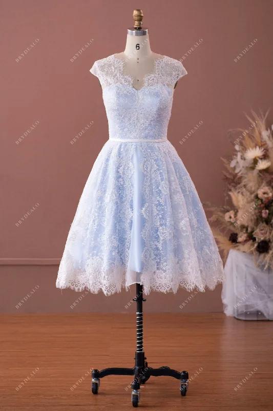 Fit And Flare Dress Tea-Length Lace Sky Blue Cap Sleeve Bridal Gown