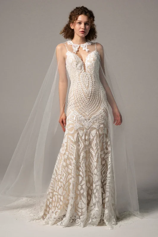 Formal Red Dress Trumpet-Mermaid Chapel Train Lace Wedding Dress CW2380
