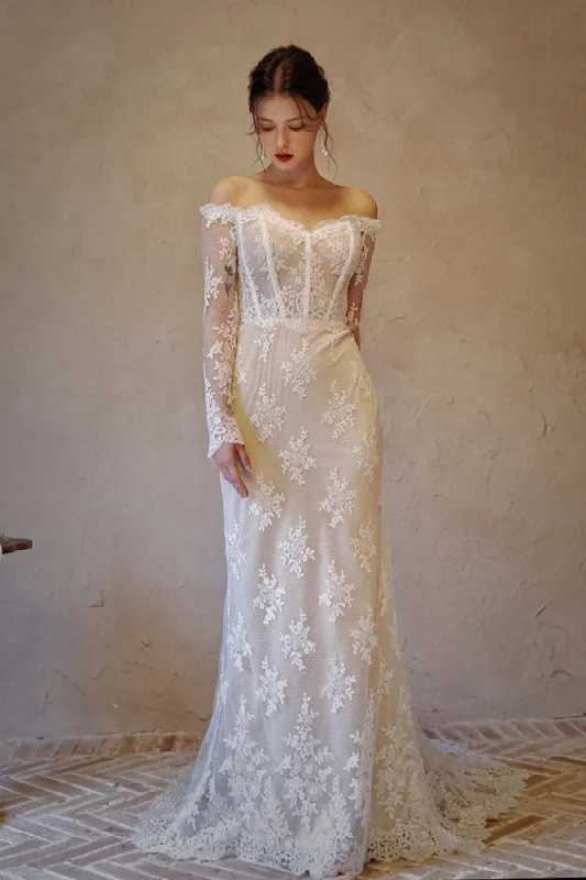 Minimalist Gown Trumpet-Mermaid Court Train Lace Tulle Wedding Dress CW3062
